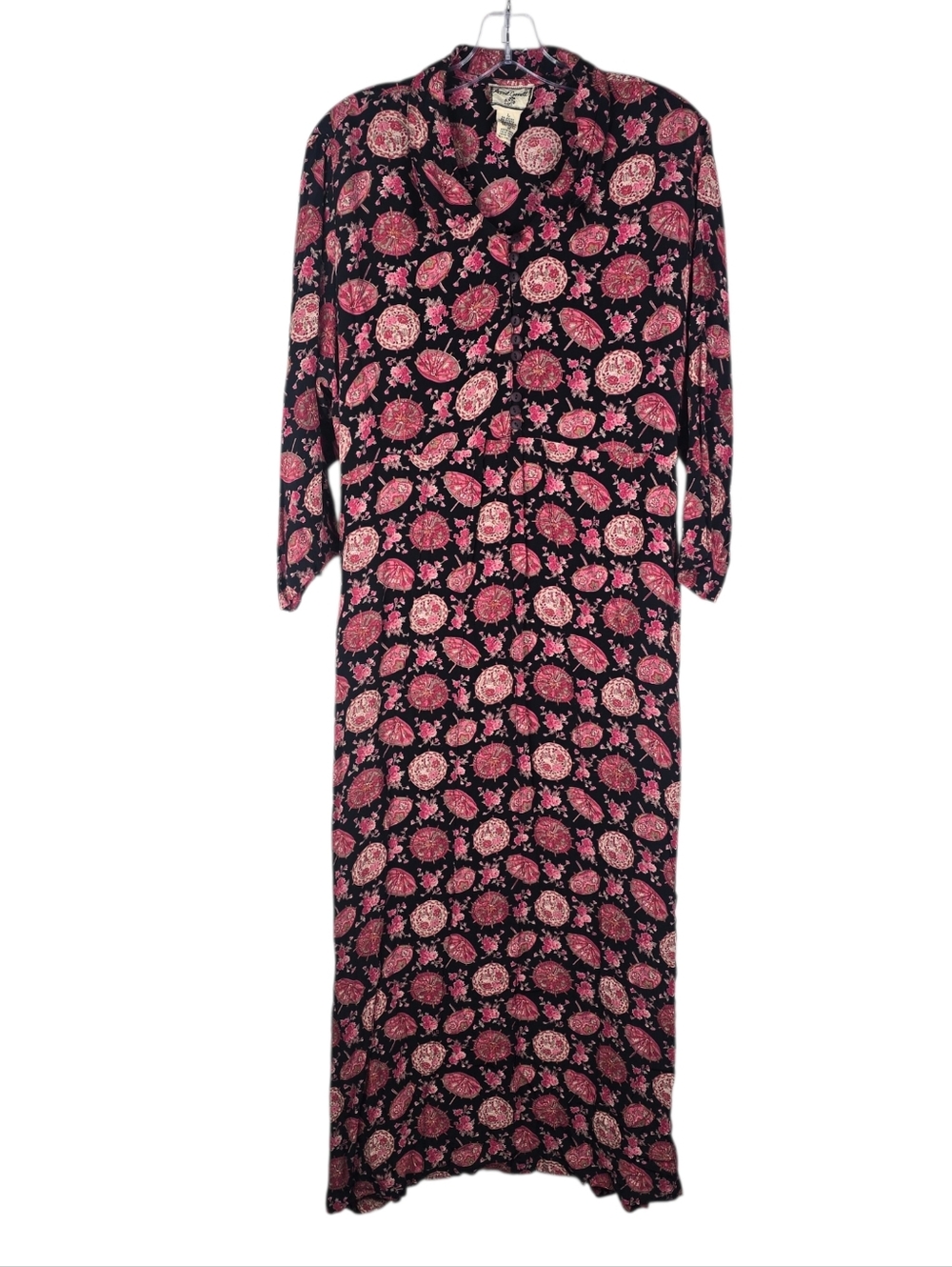 April Cornell Womens Large Vintage Oriental Umbrella Midi Red Pink Dress